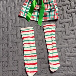 Festive Plaid Dress with Striped Socks